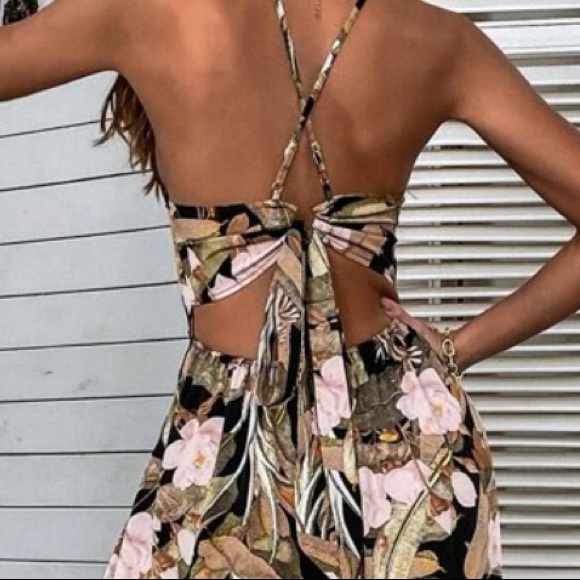 Boho Floral Print Criss Cross Lace Maxi Dress Cottagecore - Picture 7 of 9